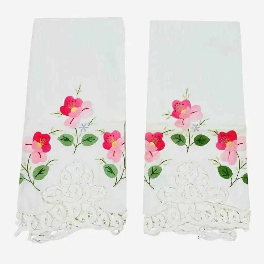 Vintage Pink Flower Linen Tea Towels Set 2 Lace Edge 22x14 Appliqué Embroidered